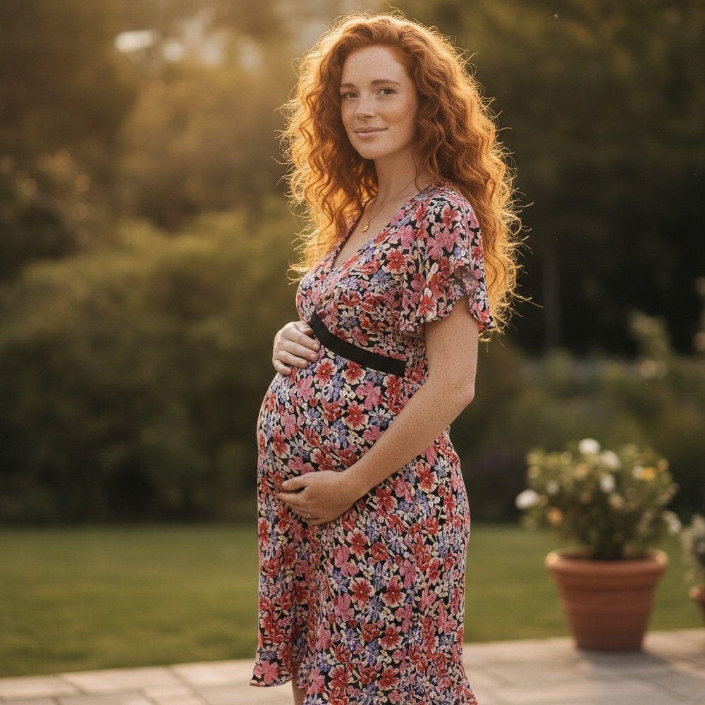 Mimi Maternity Boho Romantic Floral Short Sleeve Tie Empire Waist Dress